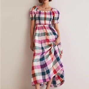 Boden Linen Smocked Colorful Checkered Maxi Dress